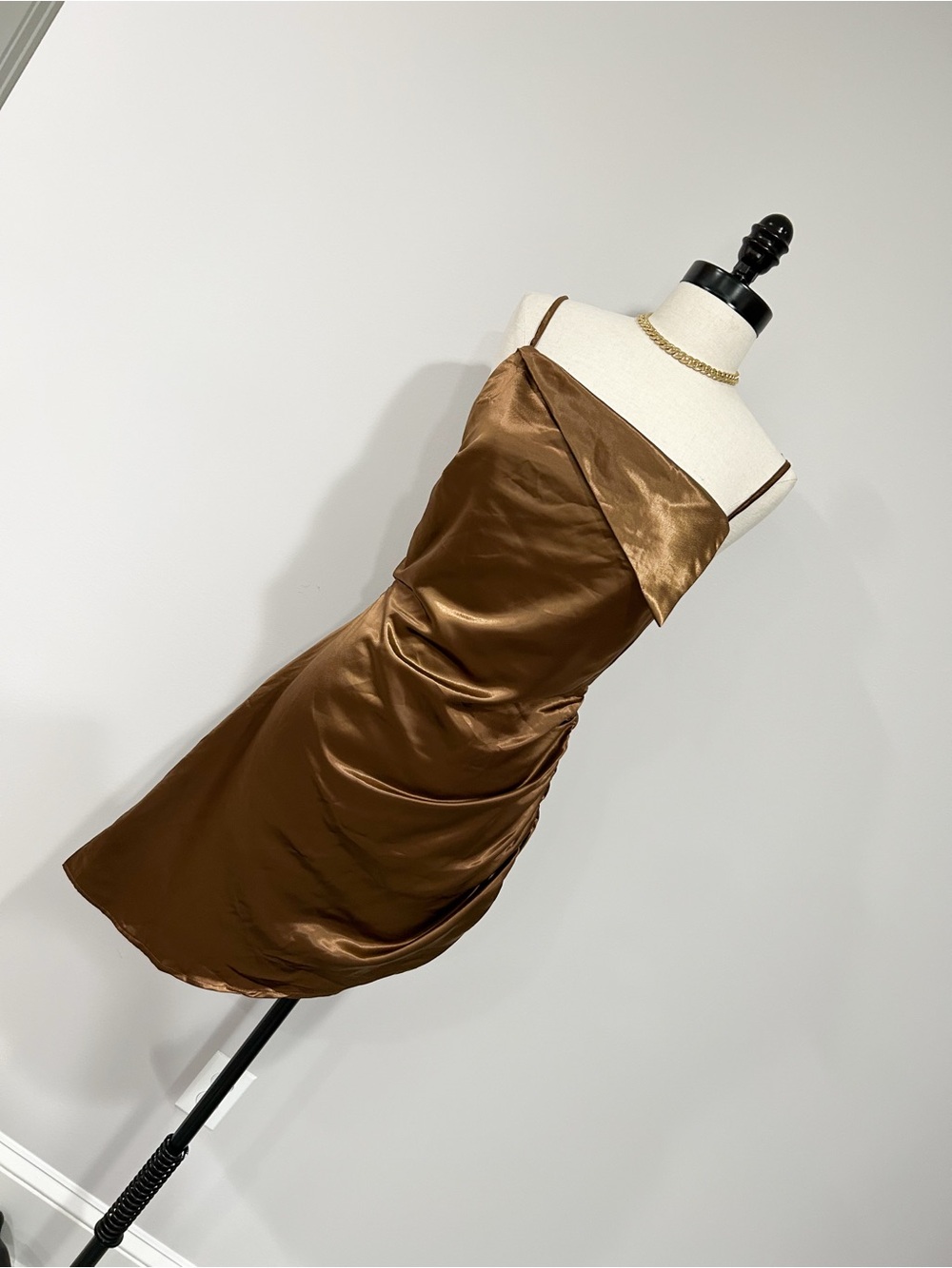 Cider Brown Satin Mini Slip Dress with Spaghetti Straps